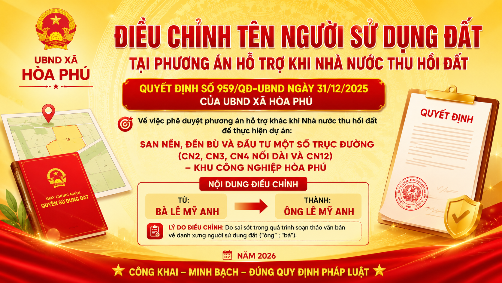 Điều Chỉnh Tên Người Sử Dụng Đất Tại Quyết Định Phê Duyệt Phương Án Hỗ Trợ Khi Nhà Nước Thu Hồi Đất Thực Hiện Dự Án Khu Công Nghiệp Hòa Phú