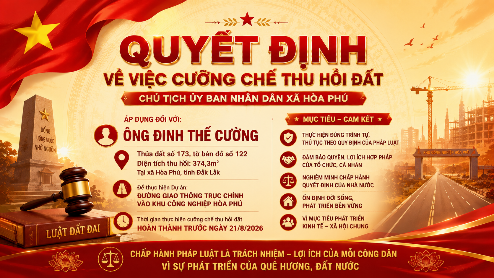 UBND xã Hòa Phú ban hành Quyết định cưỡng chế thu hồi đất đối với ông Đinh Thế Cường để thực hiện Dự án Đường giao thông trục chính vào Khu công nghiệp Hòa Phú