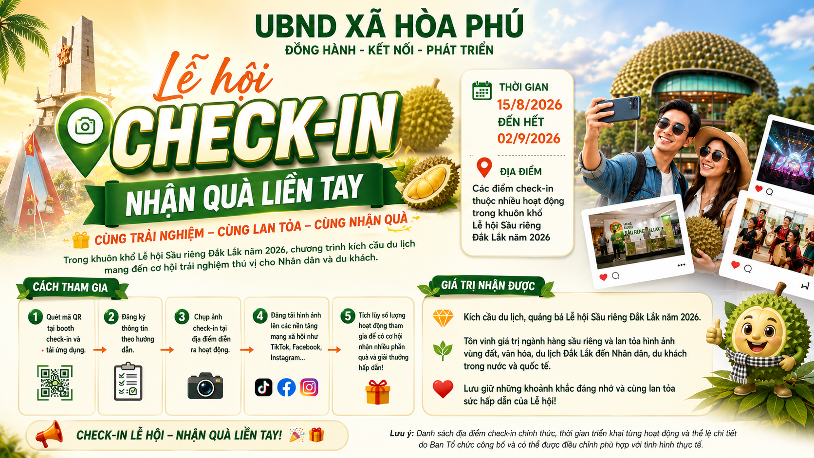 Mời người dân tham gia chương trình "Check-in lễ hội - Nhận quà liền tay" tại Lễ hội Sầu riêng Đắk Lắk năm 2026