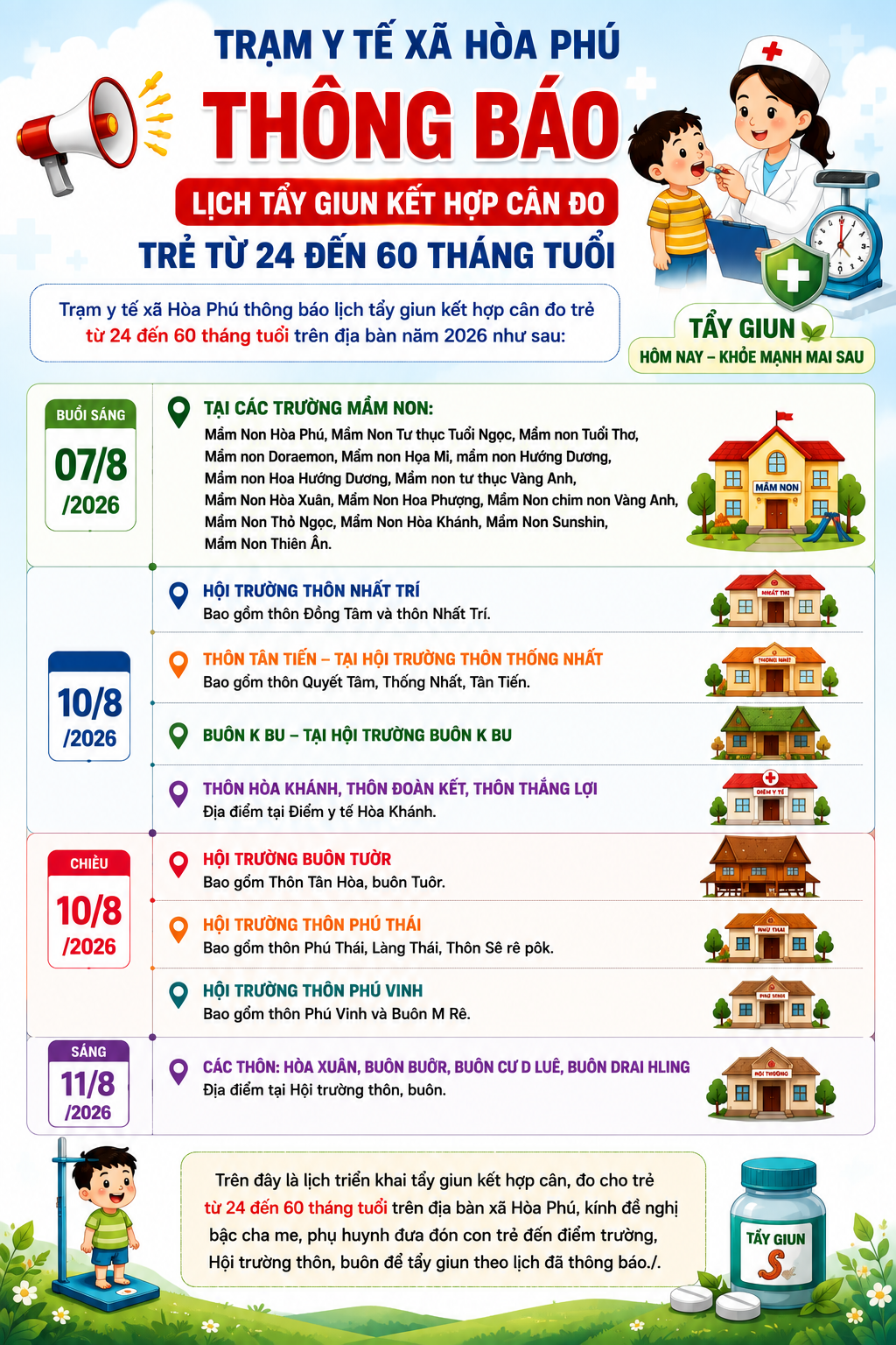 Trạm Y tế xã Hòa Phú thông báo lịch tẩy giun kết hợp cân, đo trẻ từ 24 đến 60 tháng tuổi