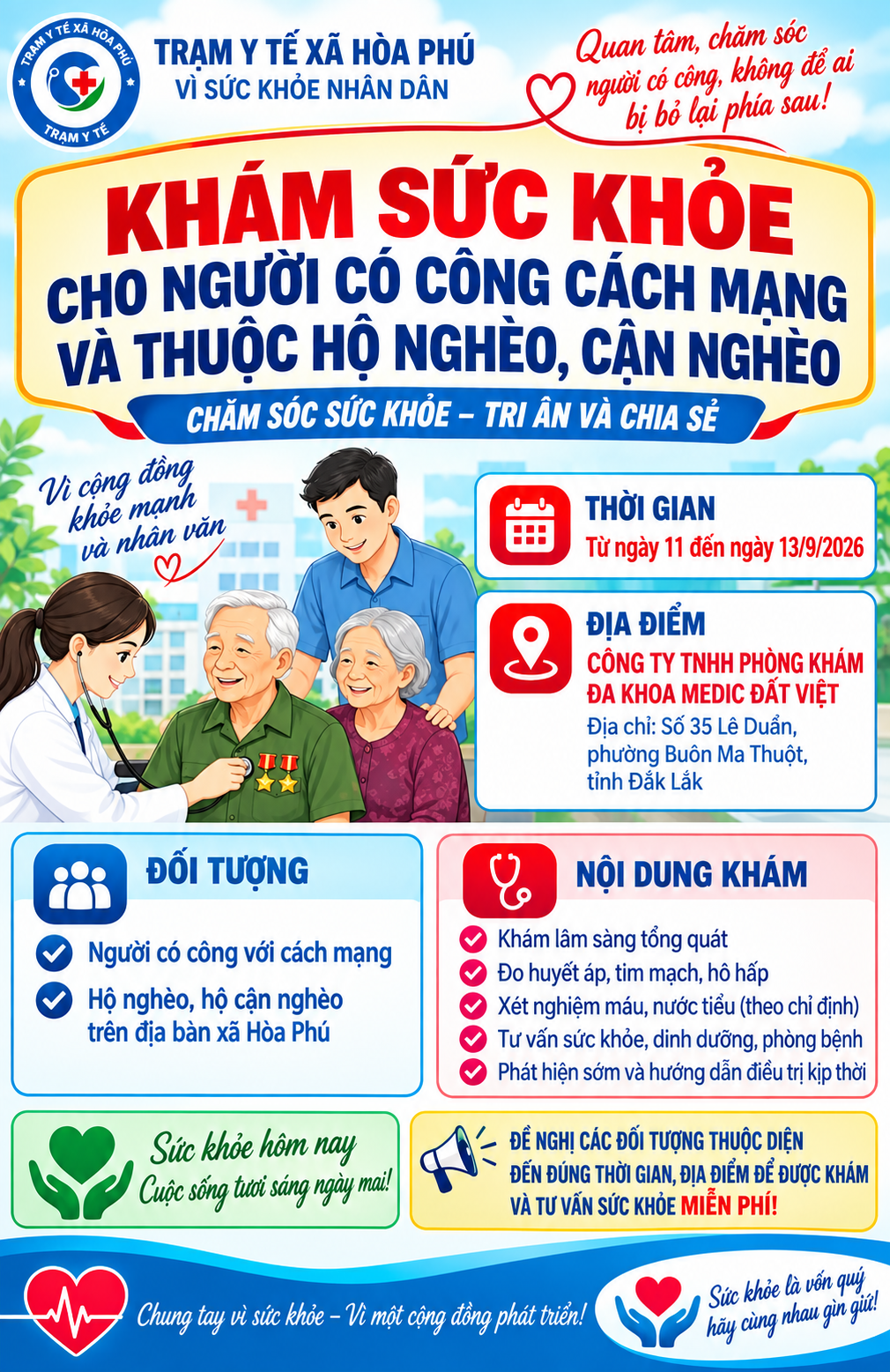 Xã Hòa Phú tổ chức khám sức khỏe miễn phí cho người có công cách mạng và người thuộc hộ nghèo, cận nghèo từ ngày 11 đến ngày 13/9/2026