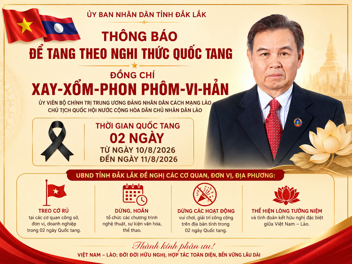 Đắk Lắk Thực Hiện Để Tang Đồng Chí Xay-Xổm-Phon Phôm-Vi-Hản Theo Nghi Thức Quốc Tang