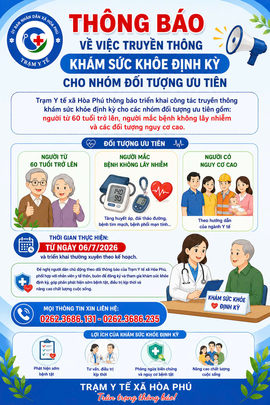 Trạm Y tế xã Hòa Phú triển khai truyền thông khám sức khỏe định kỳ cho các nhóm đối tượng ưu tiên